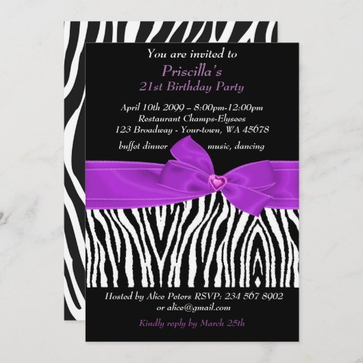 21e Verjaardagsfeest, Zebra, zwart paarse wit Kaart (Voorkant / Achterkant)