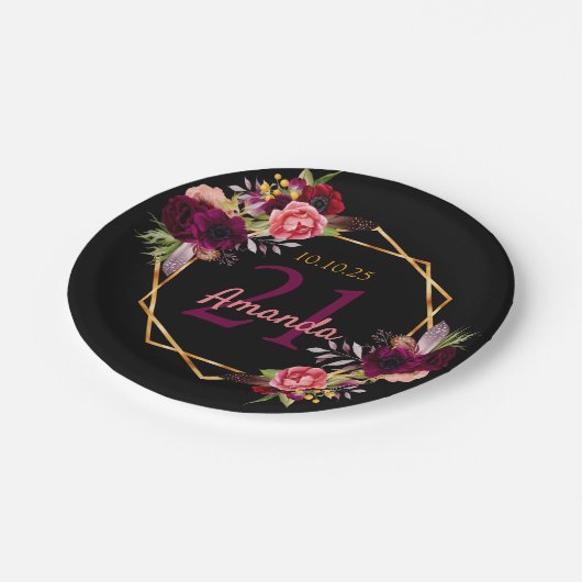 21e verjaardagsfeest zwart goud geo bloemmotief bu papieren bordje (Gekanteld)