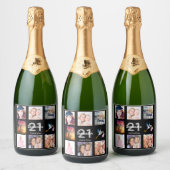 21e verjaardagsfeest zwarte fotocollage sparkling wijnetiket (Flessen)