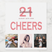 21e verjaardagsfeestje fotocollage gejuich roze wijn etiket (Enkel label)