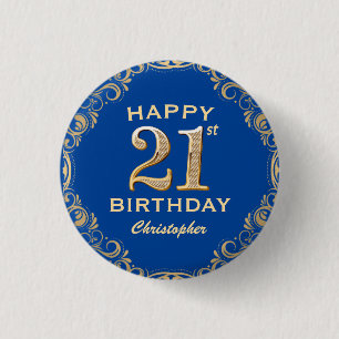 21e verjaardagsfeestje Navyblauw en goud glinstere Ronde Button 3,2 Cm