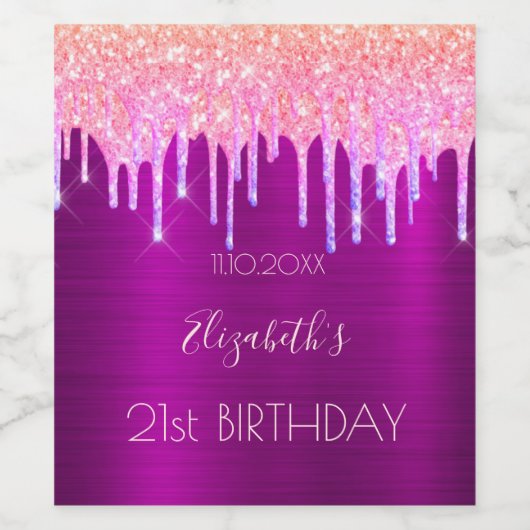 21e verjaardagsfeestje paarse glitter roze wijn etiket (Enkel label)