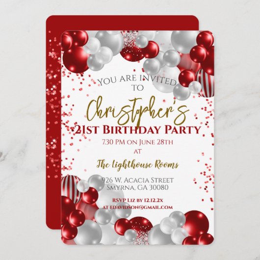 21e verjaardagsfeestje rode ballonnen kaart (Voorkant / Achterkant)