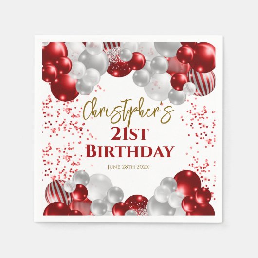 21e verjaardagsfeestje rode ballonnen servet (Voorkant)