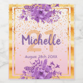 21e verjaardagsfeestje roos gouden paarse bloemen wijn etiket (Enkel label)