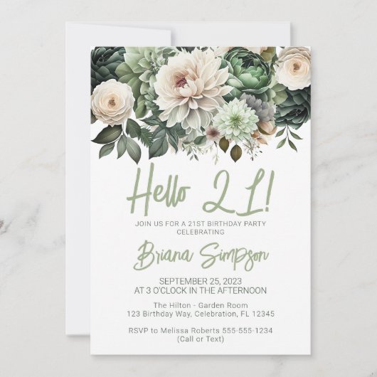 21e verjaardagsfeestje Sage Groene Bloemen Kaart (Voorkant)