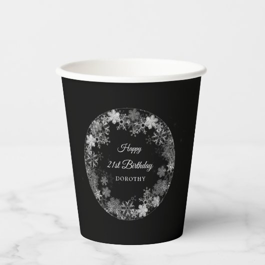 21e verjaardagsfeestje Winter Wonderland Sneeuwvlo Papieren Bekers (Voorkant)