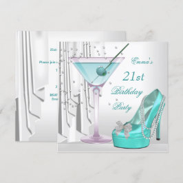 21e Verjaardagsfeestje Witte Teal Martini Parel Sc Kaart