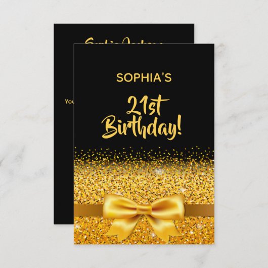 21e verjaardagsfeestje zwart gouden strik elegant kaart (Voorkant / Achterkant)