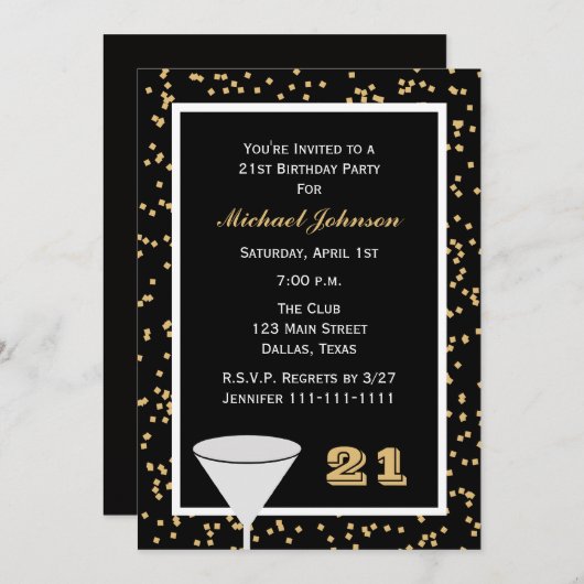 21e Verjaardagsfeestuitnodiging 21 en Confetti Kaart (Voorkant / Achterkant)