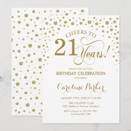 21e verjaardagsfeestuitnodiging - Gold White Kaart (Voorkant / Achterkant)