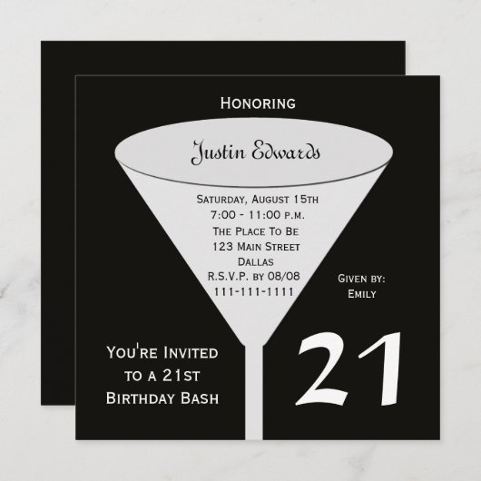 21e Verjaardagsfeestuitnodiging in het zwart Kaart (Voorkant / Achterkant)