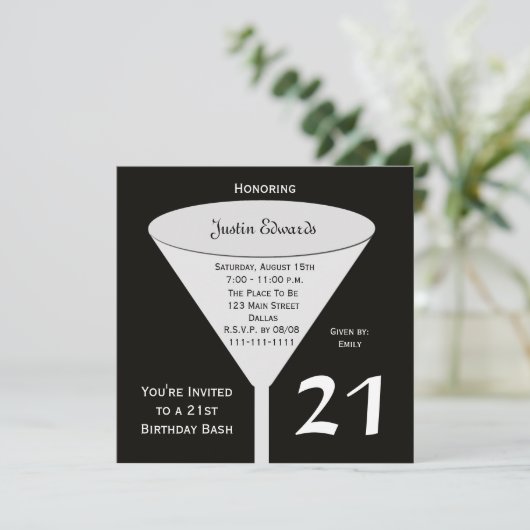 21e Verjaardagsfeestuitnodiging in het zwart Kaart (Staand voorkant)
