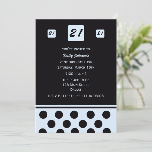 21e Verjaardagsfeestuitnodiging Modern 21 in blauw Kaart (Staand voorkant)