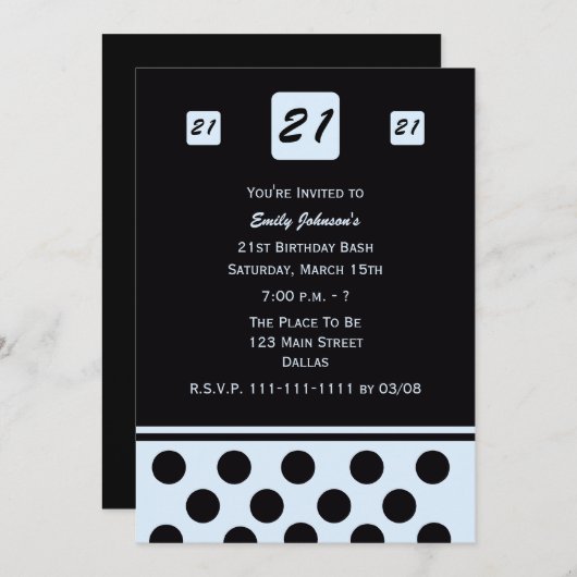 21e Verjaardagsfeestuitnodiging Modern 21 in blauw Kaart (Voorkant / Achterkant)