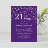 21e Verjaardagsfeestuitnodiging - Silver Paarse Kaart (Staand voorkant)
