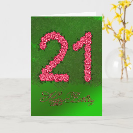 21e verjaardagskaart met rozen en bladeren kaart (Gele Bloem)