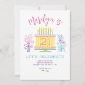 21e verjaardagstaart  bloemenuitnodiging kaart (Voorkant)