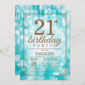 21e Verjaardagsuitnodiging Blauwgroen en Gouden Gl Kaart (Voorkant / Achterkant)