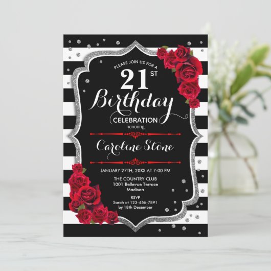 21e Verjaardagsuitnodiging Zwart Wit Strepen Rozen Kaart (Staand voorkant)