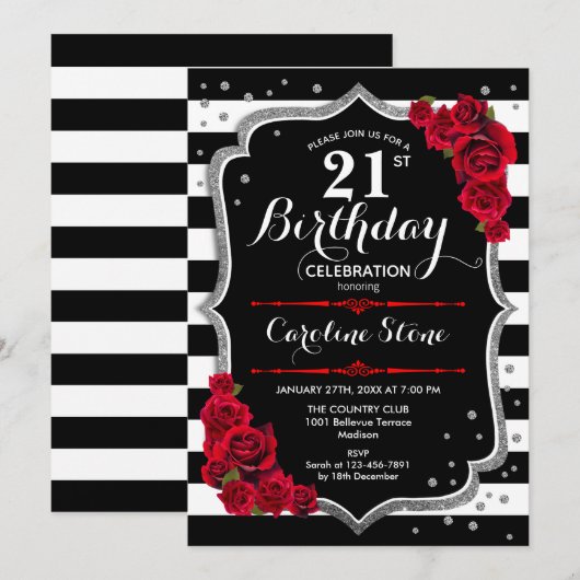 21e Verjaardagsuitnodiging Zwart Wit Strepen Rozen Kaart (Voorkant / Achterkant)