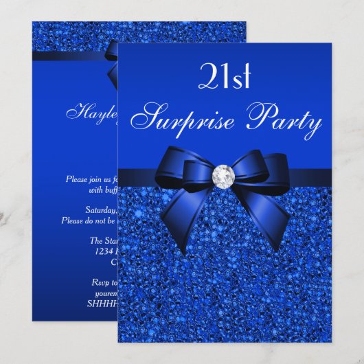 21e Verrassing Verjaardag Royal Blue Sequins en st Kaart (Voorkant / Achterkant)