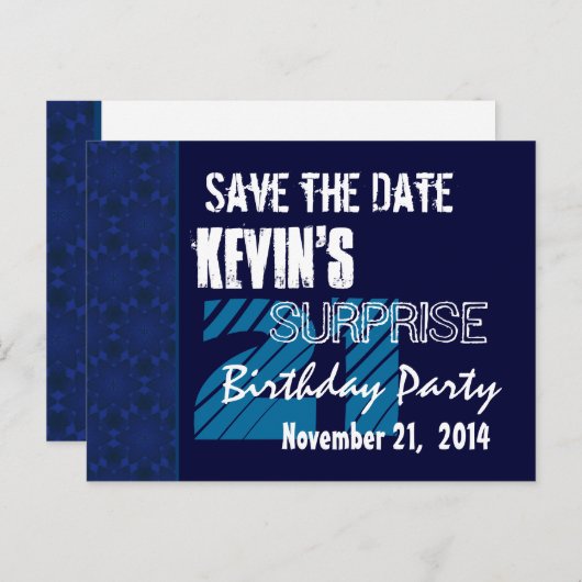 21e Verrassing Verjaardag Save the Date Blue Patte Aankondigingskaart (Voorkant / Achterkant)