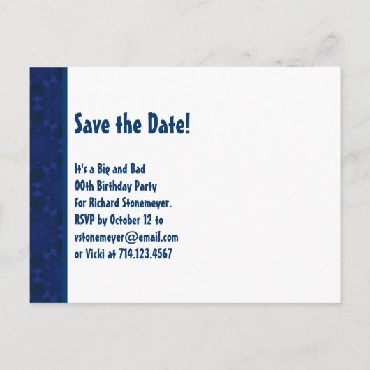 21e Verrassing Verjaardag Save the Date Blue Patte Aankondigingskaart (Achterkant)