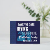 21e Verrassing Verjaardag Save the Date Blue Patte Aankondigingskaart (Staand voorkant)