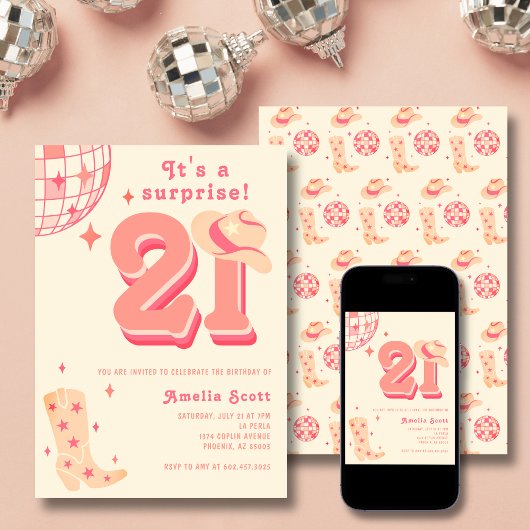 21e Verrassingsverjaardag Retro Disco Cowgirl Roze Kaart