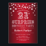 21e Verrassingsverjaardag - Zwart Rood Wit Kaart<br><div class="desc">Verrassing 21e Verjaardagsfeestuitnodiging. Zwart rood wit ontwerp met sprookjesachtige snaarlampen. Elegant ontwerp perfect voor stijlvolle verrassingsfeestdag.</div>