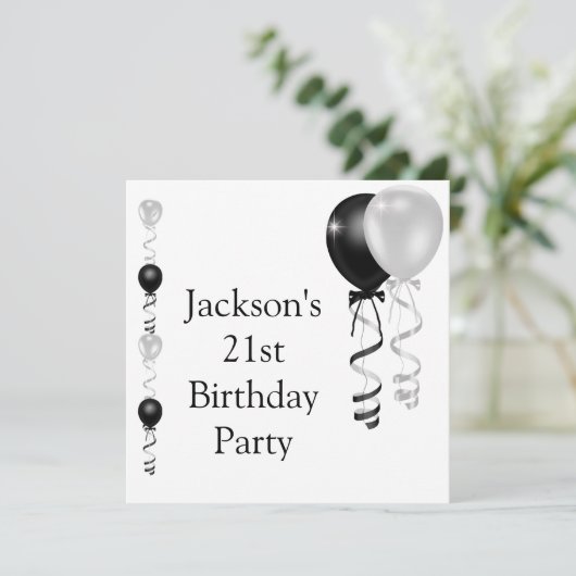21e zwarte zilveren witte ballonnen van Birthday Kaart (Staand voorkant)