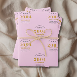 21st Birthday 2004 Naam toevoegen Pink Grey Inpakpapier Vel