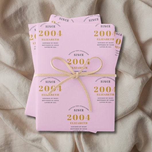21st Birthday 2004 Naam toevoegen Pink Grey Inpakpapier Vel