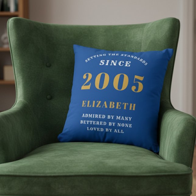 21st Birthday 2005 Add Name Blue Gold Personalized Kussen (Blue 2005 throw pillow on a green velvet chair.)