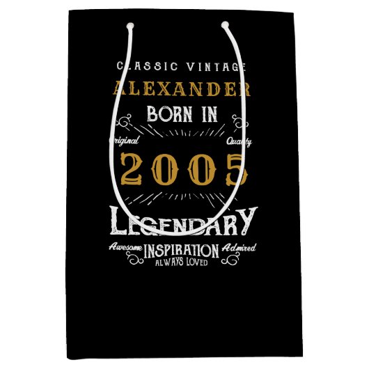 21st Birthday 2005 Add Name Legend Black Gold Medium Cadeauzakje (Voorkant)