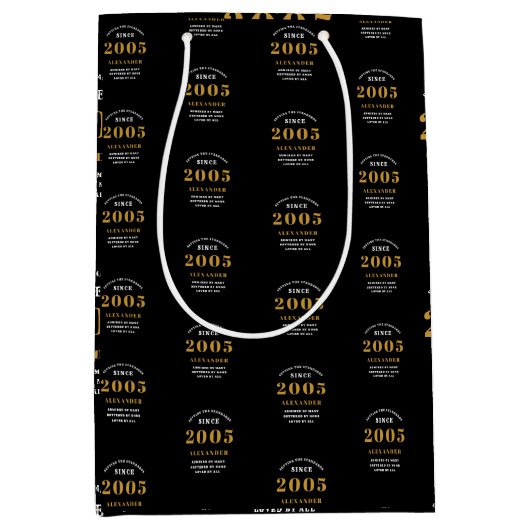 21st Birthday 2005 Black Gold Chic Elegant Medium Cadeauzakje (Voorkant)