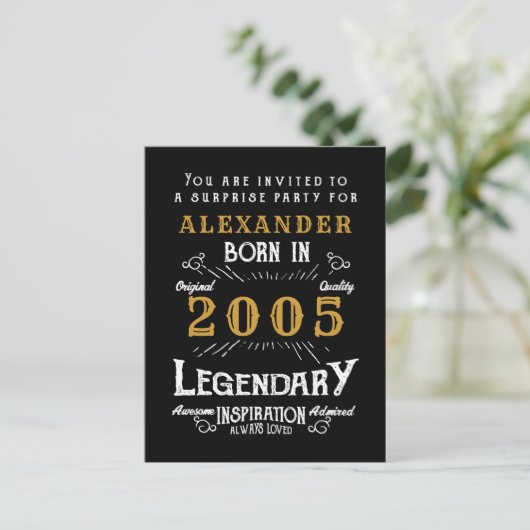 21st Birthday 2005 Black Gold Legend Invitation Briefkaart (Staand voorkant)