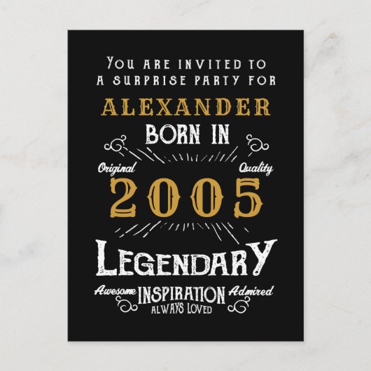 21st Birthday 2005 Black Gold Legend Invitation Briefkaart (Voorkant)