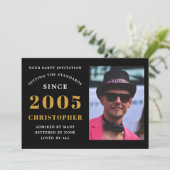 21st Birthday 2005 Black Gold Personalized Photo Kaart (Staand voorkant)
