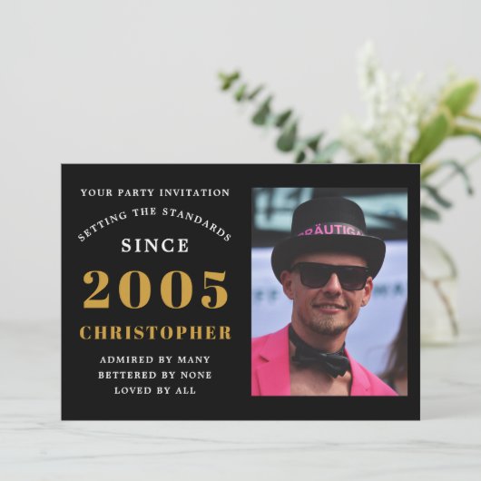 21st Birthday 2005 Black Gold Personalized Photo Kaart (Staand voorkant)