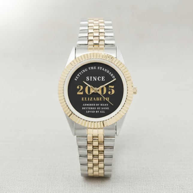 21st Birthday 2005 Elegant Black White Chic Horloge (Born 2005 watch. White background.)