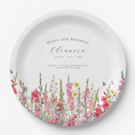 21st Birthday August Birth Flower Party Supplies Papieren Bordje (Voorkant)