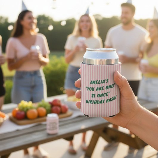 21st Birthday Bash Pink Green Retro Stripes Party Blikjeskoeler