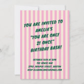21st Birthday Bash Pink Green Retro Stripes Party Kaart (Voorkant)