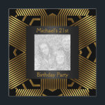 21st Birthday Black Gold Stripe Foto toevoegen Kaart<br><div class="desc">Uitnodiging voor alle evenementen. 21e verjaardag Stijlvol zwart en goud streep en hexagon vorm Lijst met voeg uw eigen foto. Pas het aan met uw eigen details of stijl van tekst.</div>