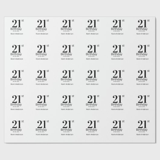 21st birthday bold letter name date simple man boy cadeaupapier (Vlak)