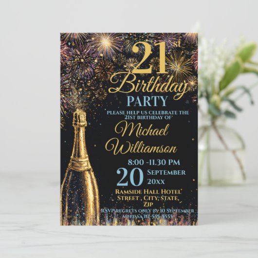 21st Birthday Bubbly Fireworks Gold Blue Kaart (Staand voorkant)