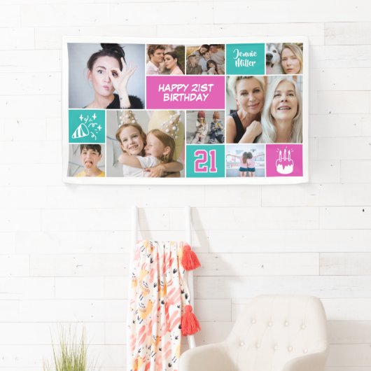 21st Birthday Custom Photo Collage Aqua Pink Spandoek (Insitu)