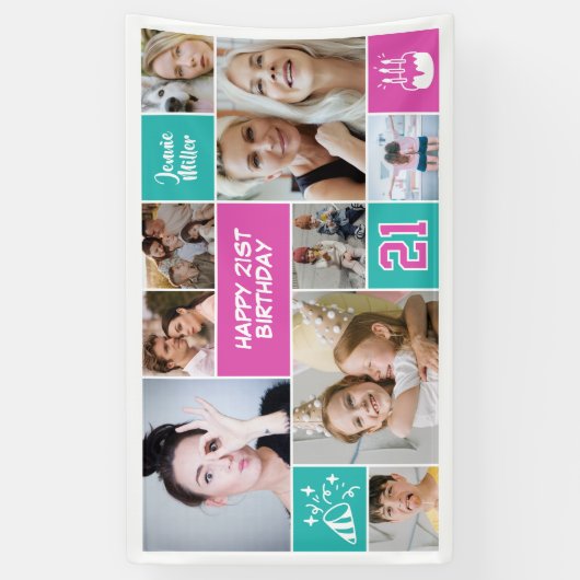 21st Birthday Custom Photo Collage Aqua Pink Spandoek (Verticaal)
